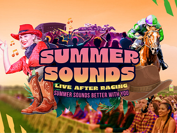 Summer Sounds race event banner with live music, horse racing and a cheering festival crowd.