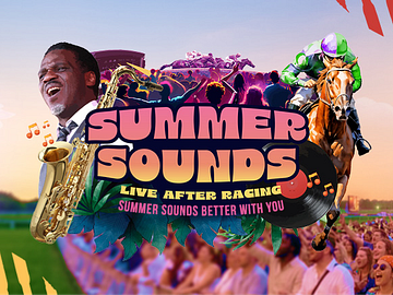 Summer Sounds race event banner with live music, horse racing and a cheering festival crowd.