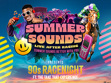Summer Sounds race event banner with live music, horse racing and a cheering festival crowd.
