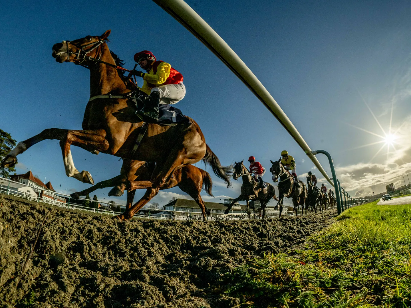 Jockeys and horses racing on the All Weather track at Lingfield Park