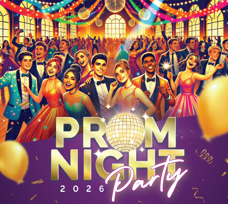 prom night party 2026, people dancing and disco ball