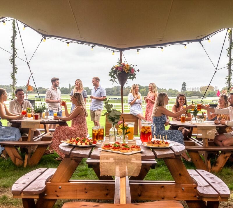 people on benches outside under a stretched tent marquee, with pimms and food all having a good time