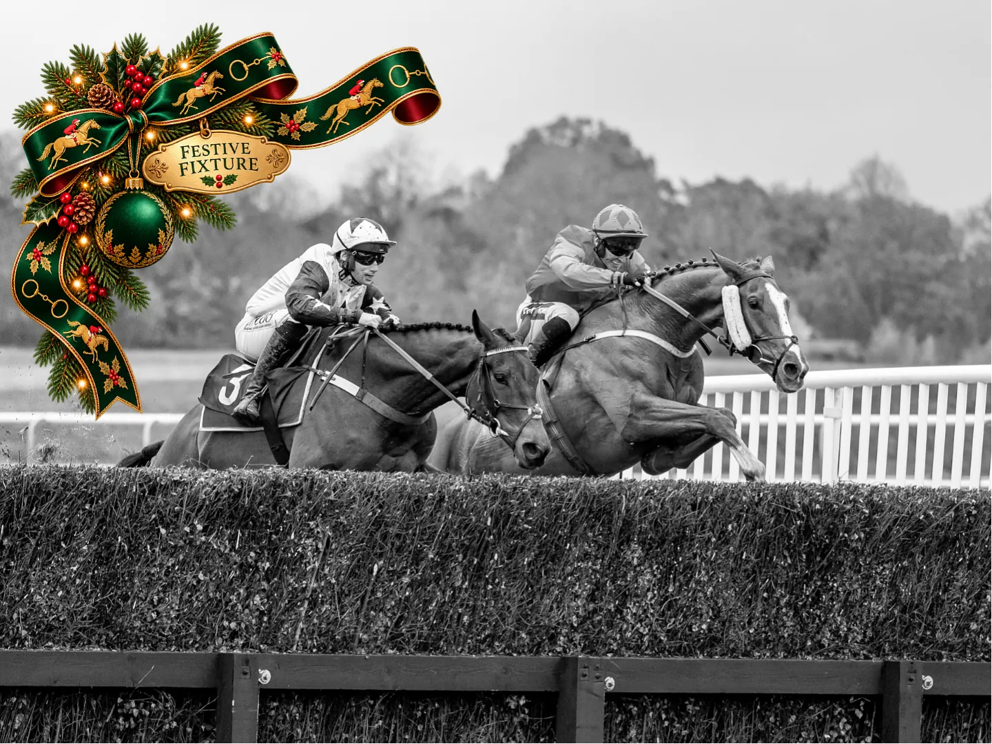 Horses racing at the Christmas Jumpers Raceday at Lingfield Park, Surrey