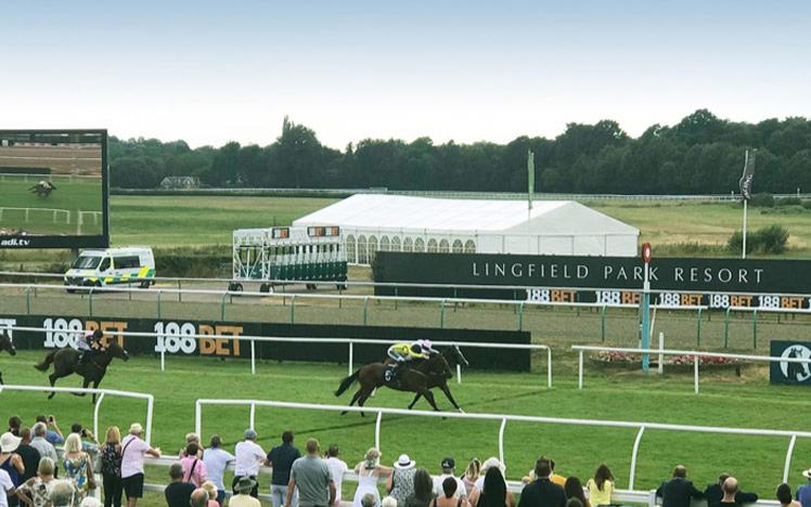 Crowds watching jockeys racing past the finishing post.