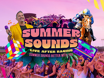 Summer Sounds race event banner with live music, horse racing and a cheering festival crowd.