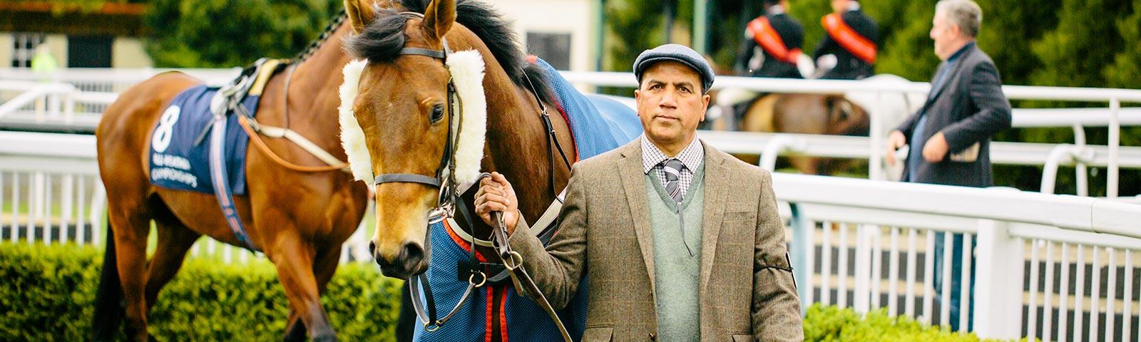 A trainer leads his horse around the parade ring.