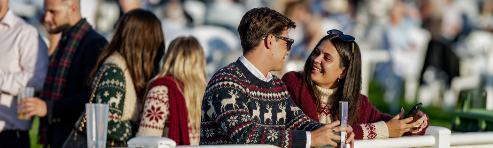 Christmas party atmosphere at Lingfield Park racecourse with festive dress and celebrations