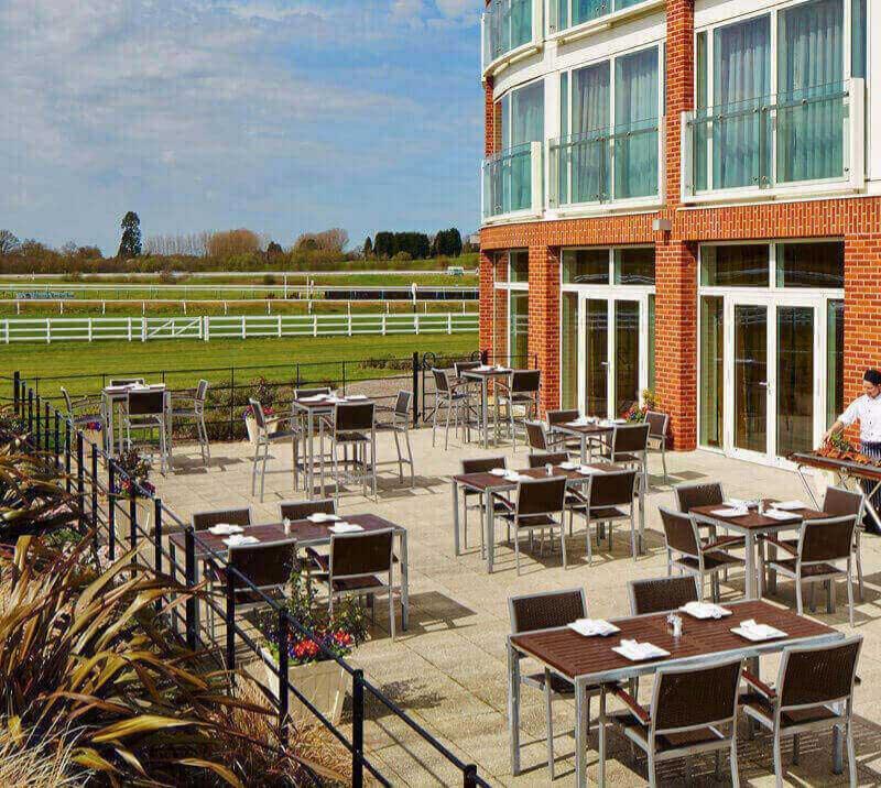 Sitting area outside of the restaurant at Marriott hotel at Lingfield Park.