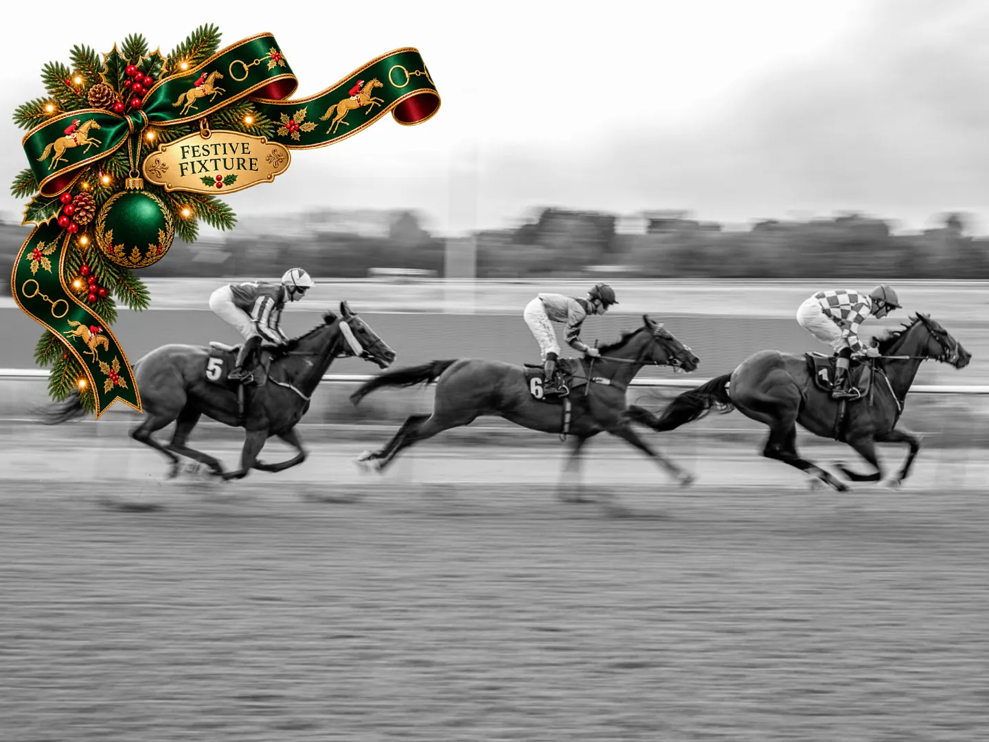 Racehorse and jockey on the All-Weather Track at Lingfield Park, Surrey on New Year's Eve raceday