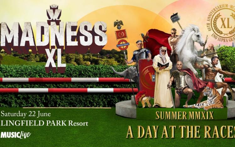 Promotional banner for meet and greet with Madness at Lingfield Park.